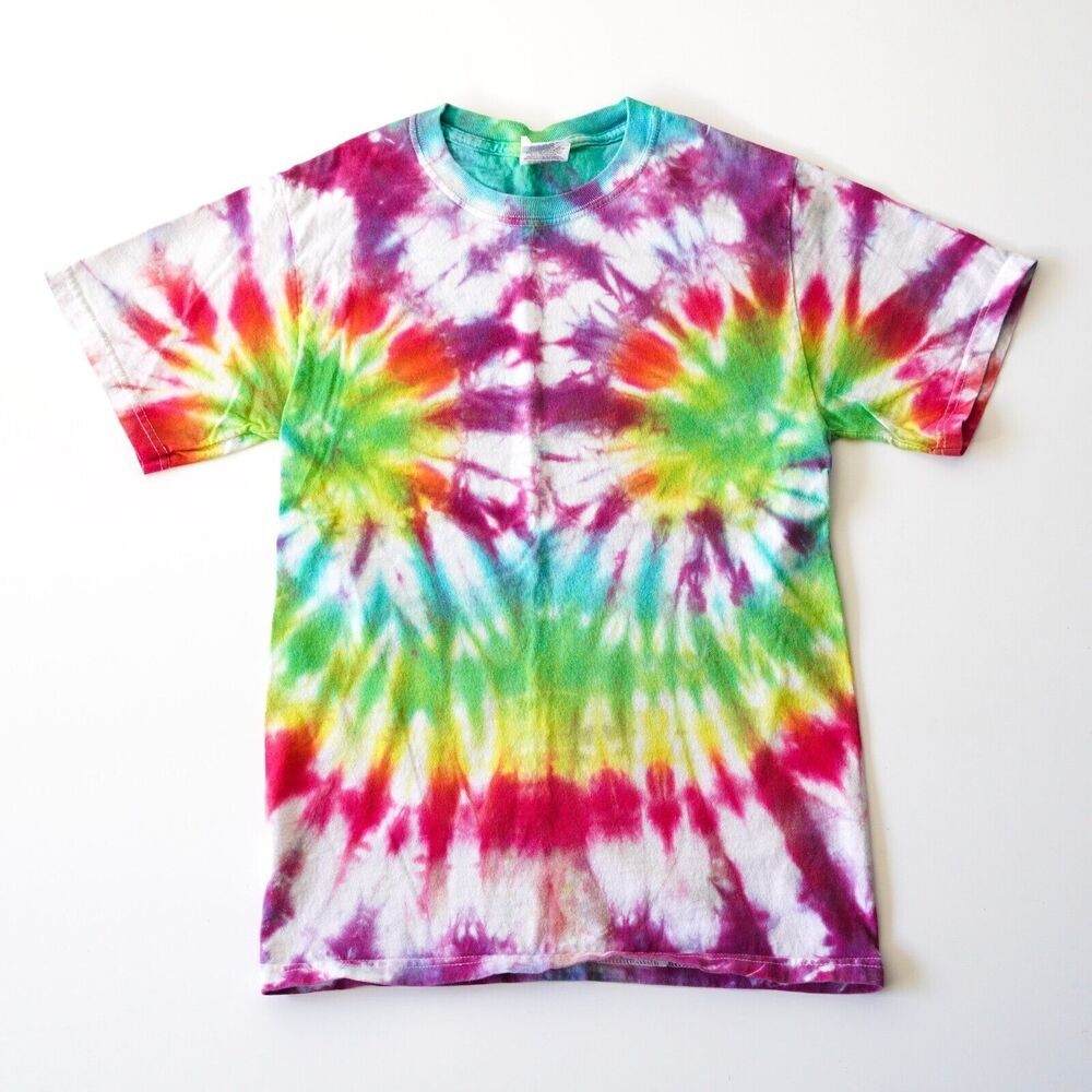 Rainbow Swirl Tie Dye Short Sleeve Tee Shirt T-Shirt Small Green Red Purple